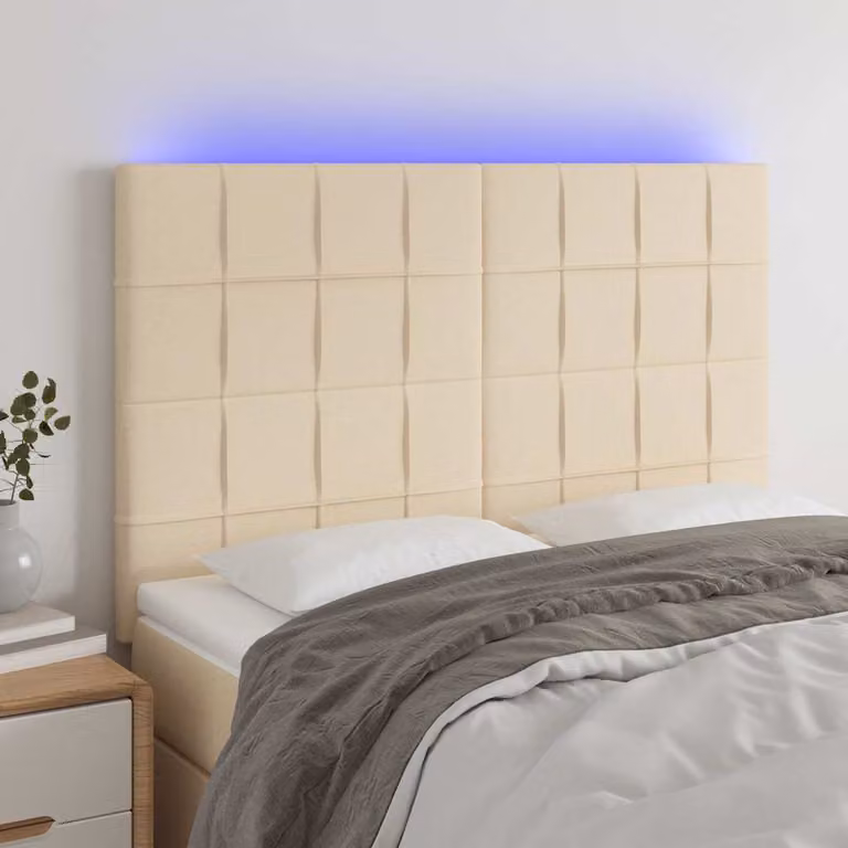 Testiera per letto con illuminazione LED e porta di ricarica USB vidaXL in tessuto beige, L: 144 cm, P: 5 cm, H: 118-128 cm