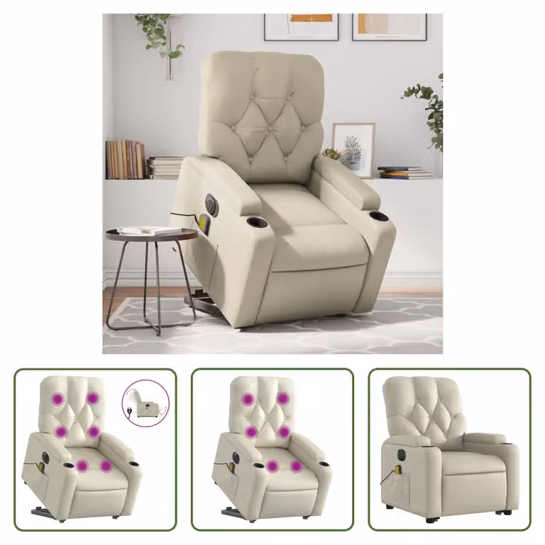 The Living Store Poltrona massaggiante con ausilio elettrico in ecopelle crema