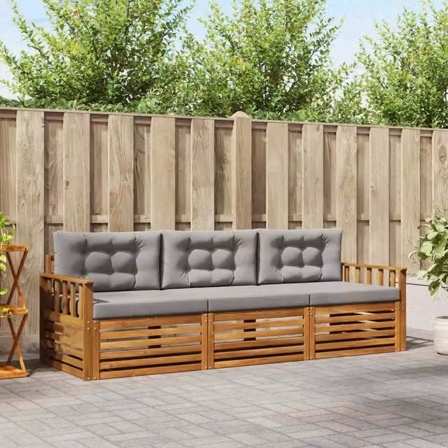 Set di divani da esterno 3 pezzi vidaXL in legno di acacia con cuscini beige e grigi – 1