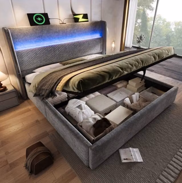 Letto matrimoniale MODFU con contenitore, illuminazione LED, porte USB e Type-C, grigio, L/P: 140 x 200 cm