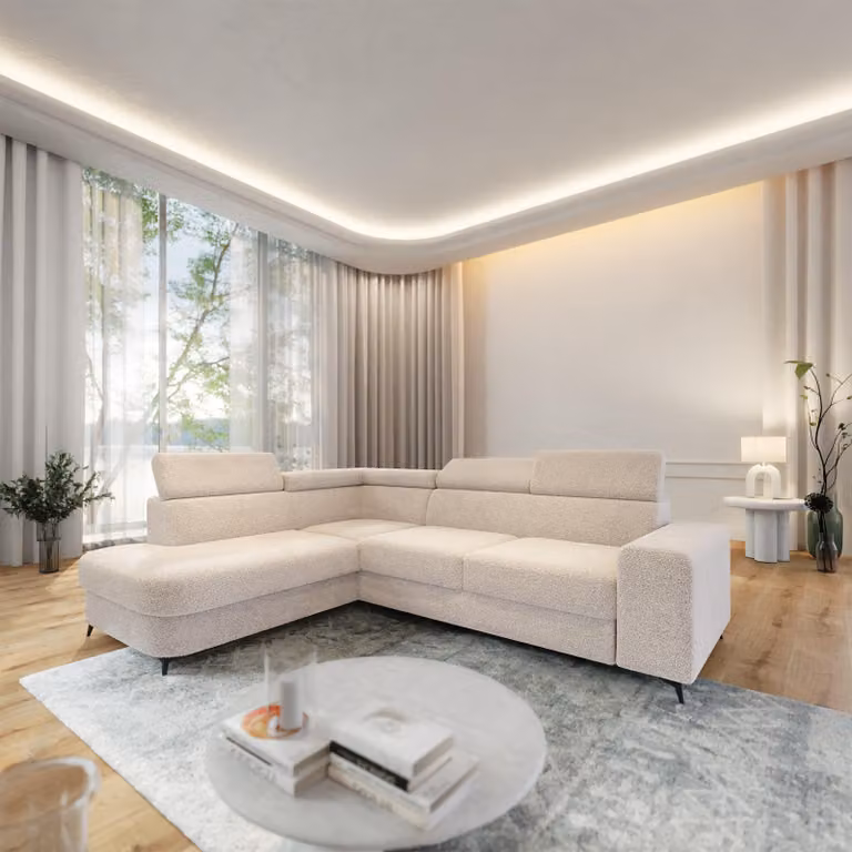 Divano angolare Masseno ALVORO L-S con funzione letto a L, divano con box letto, divano da salotto, divano, divano letto, set divano crema, QUELLE 02