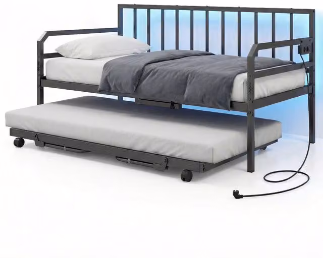 Divano letto singolo con luci LED e stazione di ricarica e struttura in metallo, Contenitore estraibile con doghe resistenti per soggiorno e camera da letto Nero