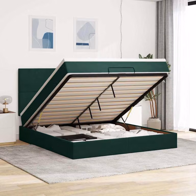 Letto con contenitore e materasso vidaXL in velluto verde e bianco con base a sollevamento, luci sottobettiera e porte USB, L/P/H: 203 x 180 x 128 cm