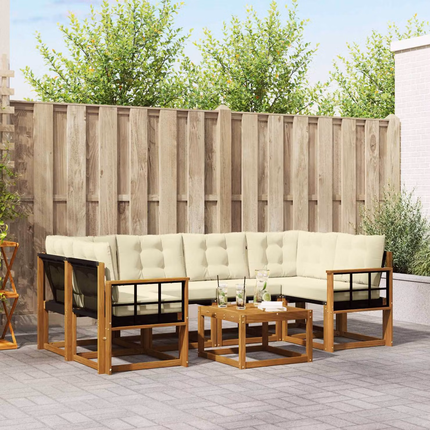 vidaXL Set di divani da esterno a L composto da 7 pezzi in legno di acacia con tavolino e cuscini, Colore Naturale, Beige e Marrone