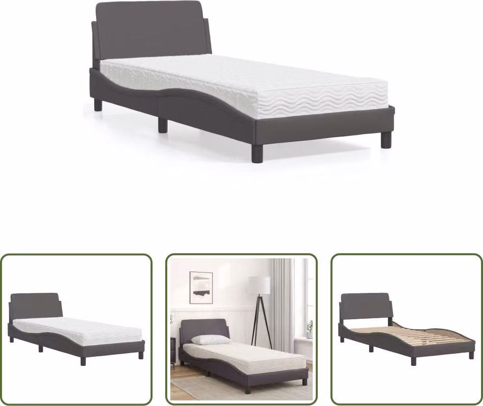 The Living Store Letto con materasso grigio 90x190 cm in ecopelle