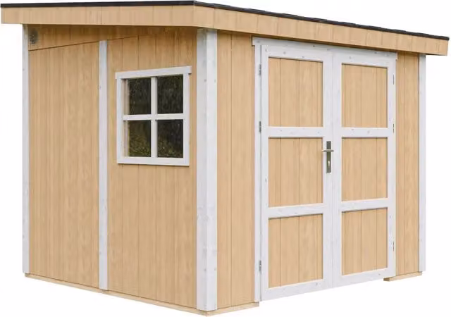 Casetta da giardino Timbela M938B Harvest Honey in legno, modello lean-to con finestra e serratura, H 231 x L 248 x P 294 cm