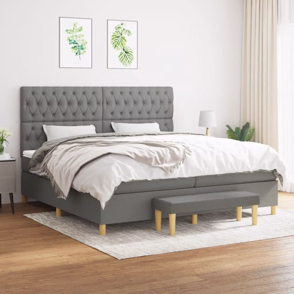 The Living Store Letto a molle con materasso grigio scuro 200x200 cm in tessuto