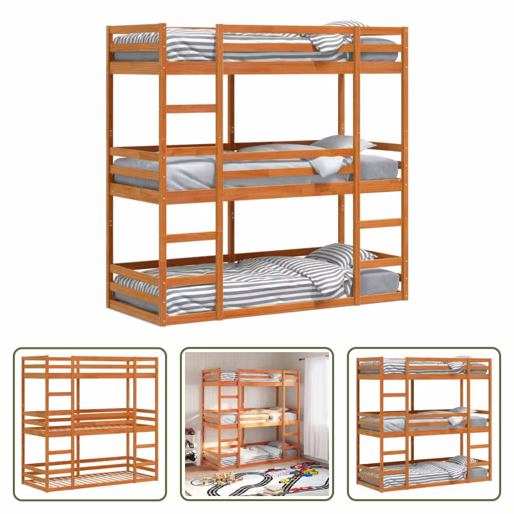 The Living Store Letto a castello triplo marrone cera 75x190 cm in legno di pino massiccio