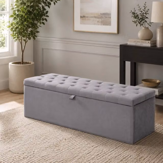 Panca contenitore 138 x 41 x 42 cm con ampio spazio interno in velluto grigio