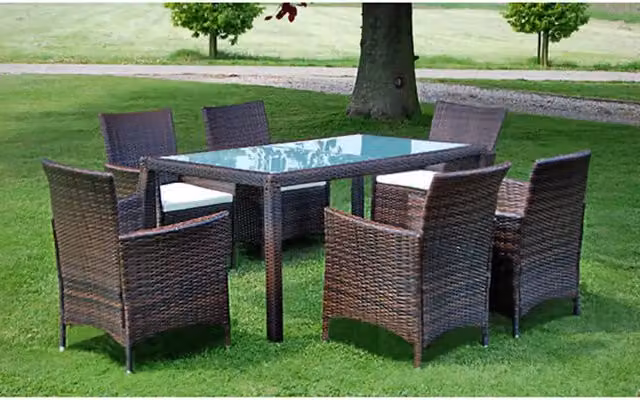 vidaXL Set da Pranzo da Giardino 7 pz in Polyrattan Marrone e Bianco con Piano in Vetro – 1