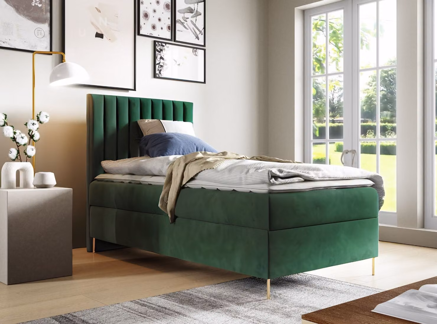 GUTTO letto a piastrelle JILL 90 x 200 cm con contenitore TOPPER 5cm Free Verde Velour gambe alte dorate