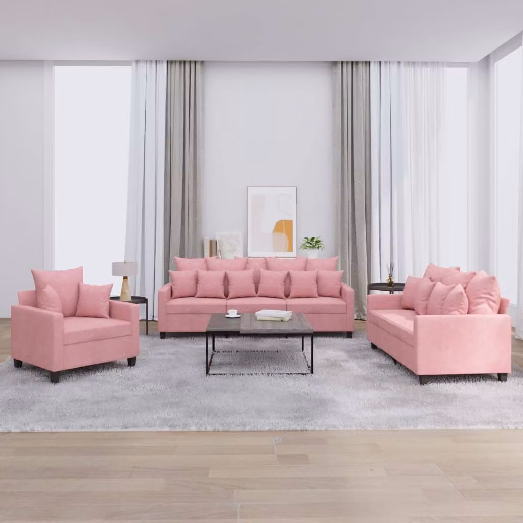 Set di divani 3 pezzi vidaXL in velluto rosa con cuscini per soggiorno moderno – 1