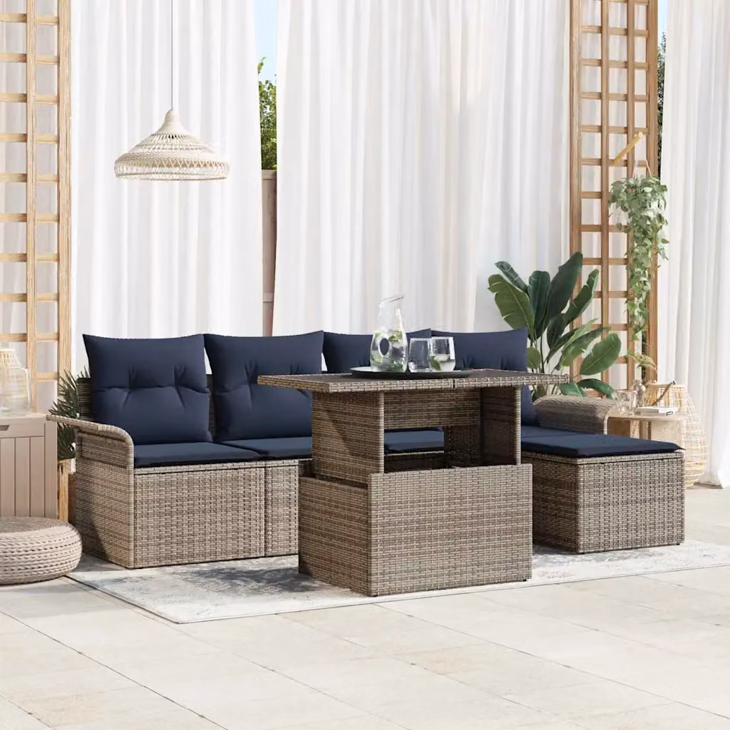 Set Divano da Giardino vidaXL 6 pz L-Shape Grigio e Blu con Tavolino e Pouf in Metallo Verniciato a Polvere e Tessuto Resistente ai Raggi UV