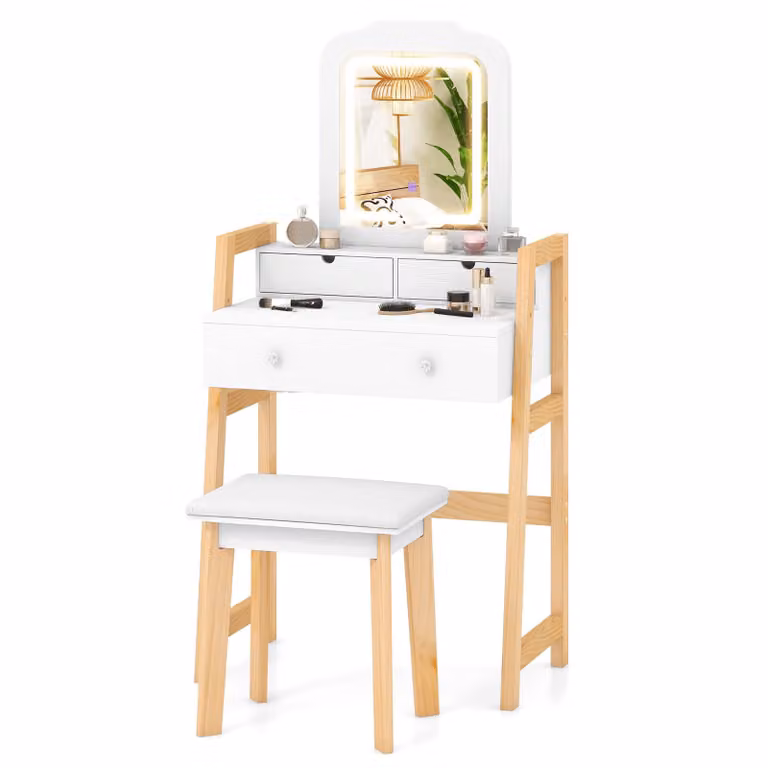 Tavolino da toilette COSTWAY con sgabello imbottito, set di tavolini da toilette con gambe in pino, tavolino da trucco con 3 cassetti, tavolino da toilette bianco, tavolino cosmetico con specchio regolabile