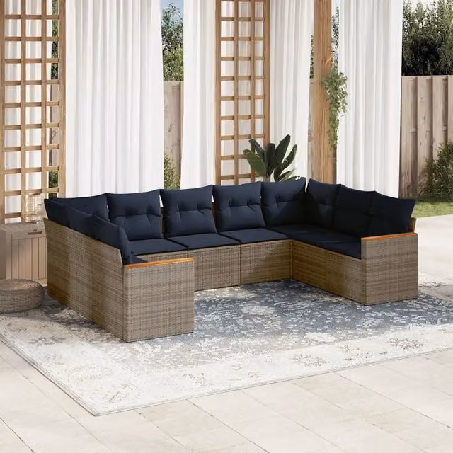 Set Divani da Giardino 9 pz con Cuscini Grigio in Polyrattan 3226278