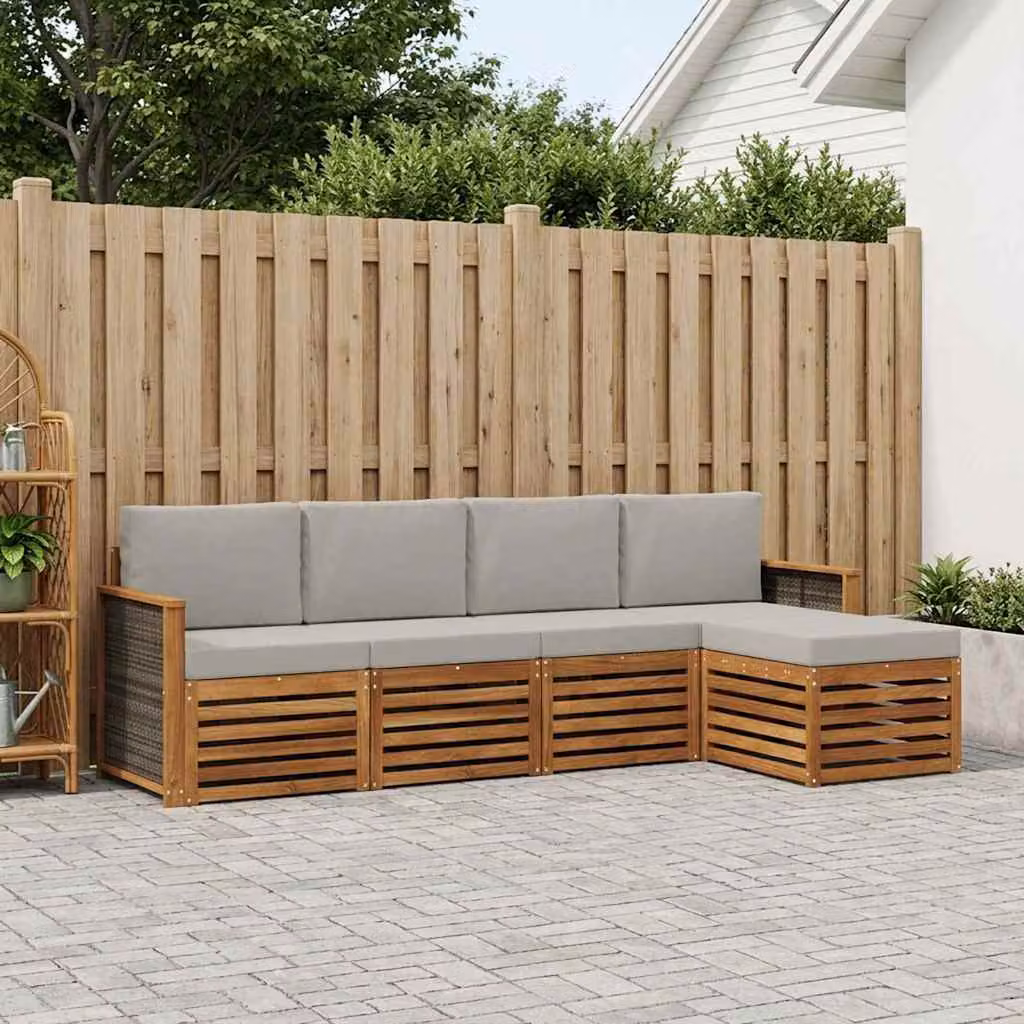 vidaXL Set di divani da esterno a L composto da 5 pezzi in legno di acacia con cuscini, colori beige, grigio e marrone