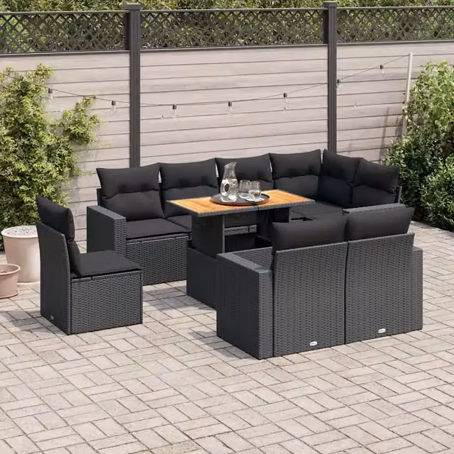 Set Divani da Giardino 9 pz con Cuscini Nero in Polyrattan 3327051