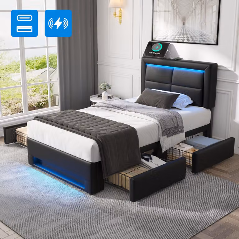 Letto imbottito 90x200 cm con porta USB e ricarica wireless, illuminazione LED con 12 colori, 4 cassetti, rete a doghe, rivestimento effetto litchi in PU, colore nero