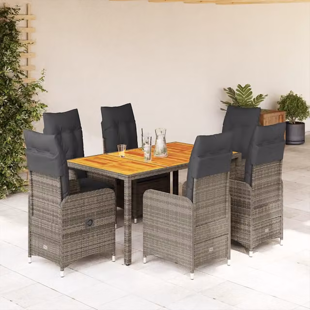 Set da giardino moderno vidaXL in legno di acacia oliato e polyrattan grigio, composto da 7 pezzi per terrazzo o balcone