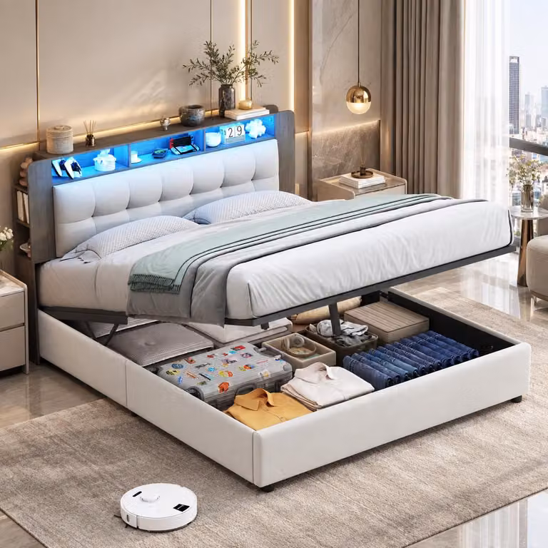 Letto idraulico imbottito INONEFT, 160x200 cm, con illuminazione LED, letto per ragazzi con testiera, spazio contenitivo e ricarica wireless, struttura del letto con rete a doghe, in velluto, color beige