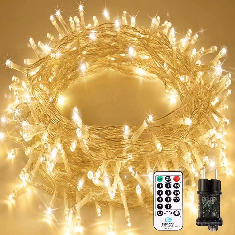 Catena luminosa da 25 metri, con 200 LED, telecomando, 8 modalità, luce bianco caldo