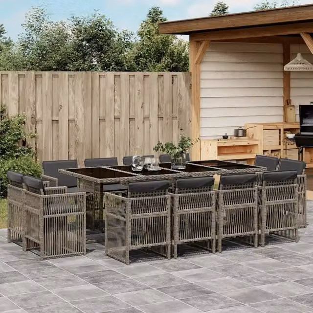 Set da Pranzo da Giardino 13pz con Cuscini Grigio in Polyrattan 3211040