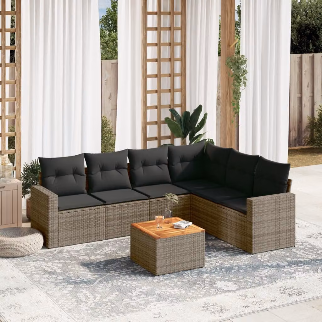 vidaXL Set Divani da Giardino 7 pz in Polyrattan con Cuscini Grigio e Marrone con Tavolino da Caffè e Design Moderno a L – 1