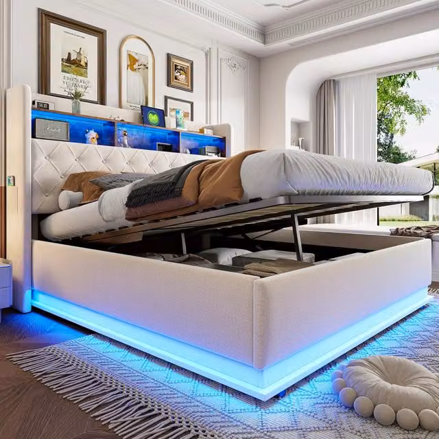 Letto imbottito LED 180 x 200 cm, letto contenitore imbottito con ricarica USB e contenitore idraulico, lino delicato sulla pelle - Beige