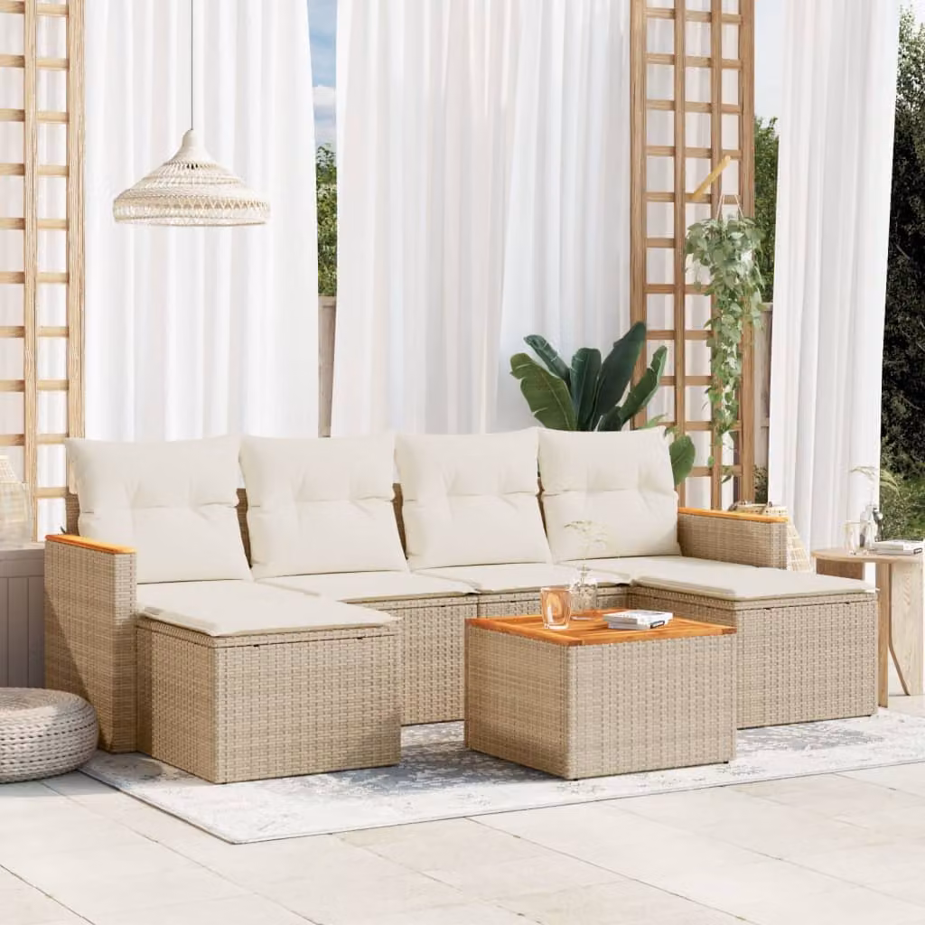 Set Divani da Giardino vidaXL 7 pz a Forma a L con Cuscini Beige e Tavolino, Polyrattan e Struttura in Acciaio Verniciato a Polvere – 1