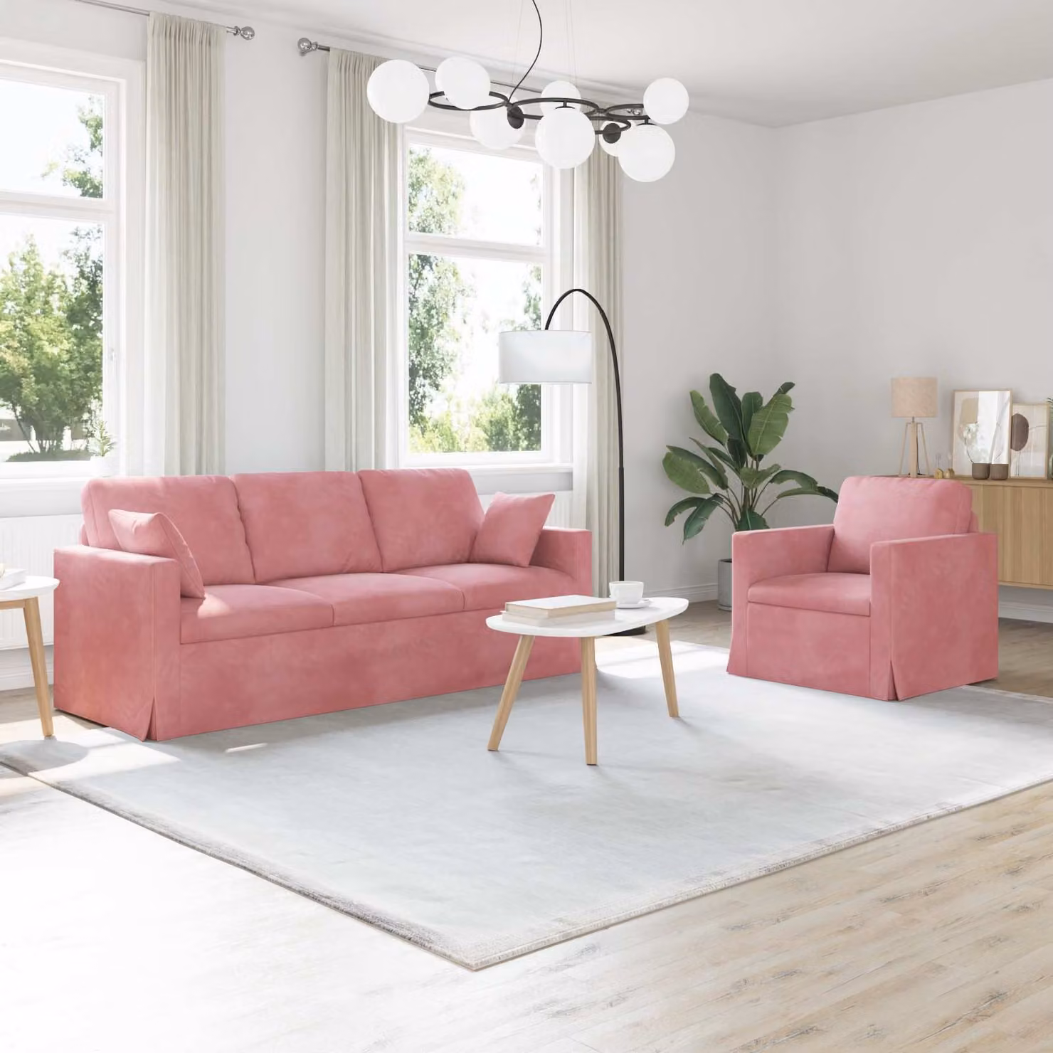 Set di 2 divani vidaXL a forma di L in velluto rosa con struttura in metallo, L: 198 cm, P: 80 cm, H: 78 cm