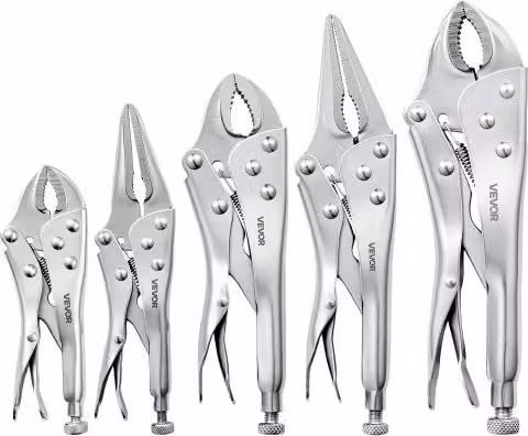 Set di 5 pinze autobloccanti VEVOR in acciaio al carbonio nichelato color argento con ganasce curve e becco lungo e impugnature ergonomiche antiscivolo