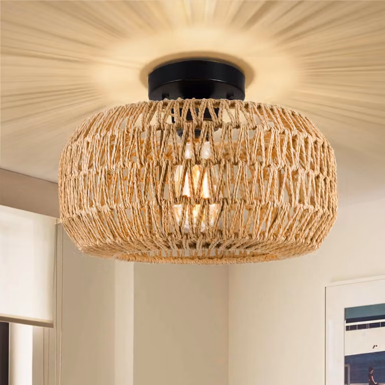 Lampada da soffitto Plafoniera vintage Boho E27 a sospensione con paralume in rattan lampada a sospensione per soggiorno, camera da letto, cucina, corridoio
