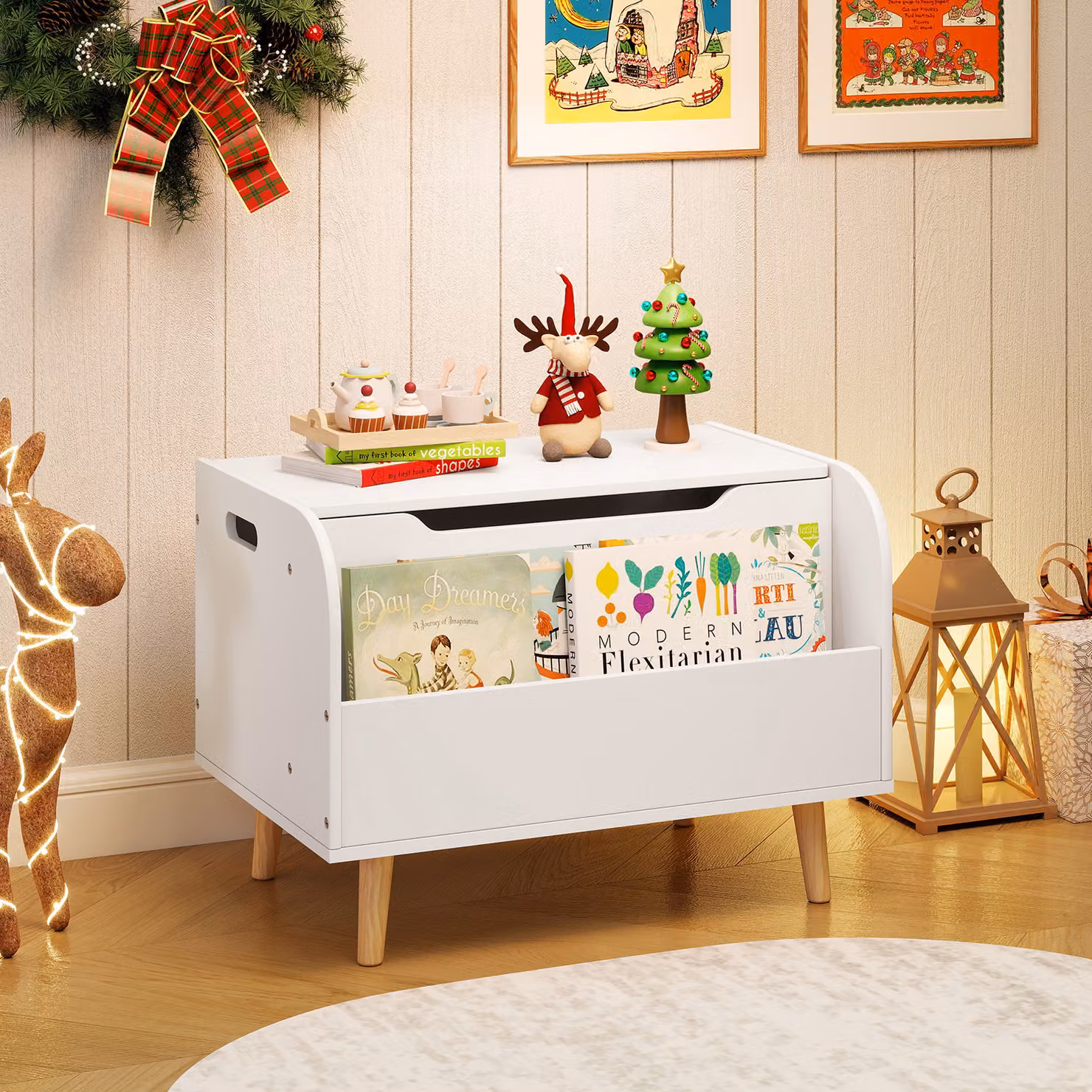 Cassapanca organizer e libreria frontale per bambini Costway in legno massello con coperchio ribaltabile, Bianco