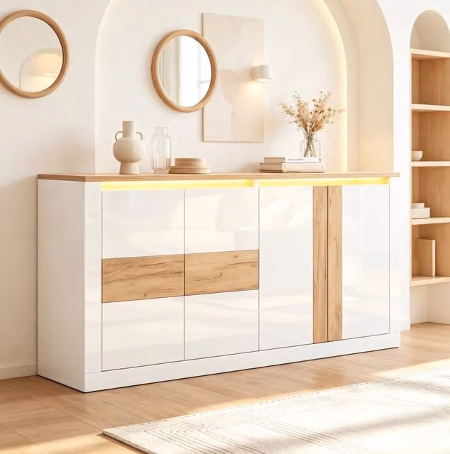 Credenza 140 x 35 x 70 cm in MDF con 4 ante; LED RGB e controllo tramite app e voce; bianco e effetto rovere