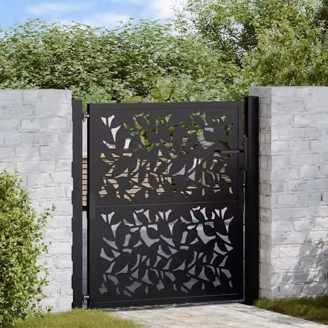 Cancello singolo da giardino vidaXL in acciaio nero con design a foglia L: 110 cm, H: 106 cm, P: 10 cm