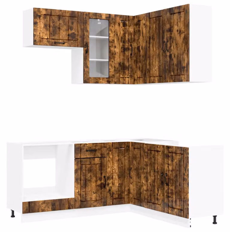 Set cucina LUCCA, 8 pezzi, realizzata in legno impiallacciato di quercia affumicata