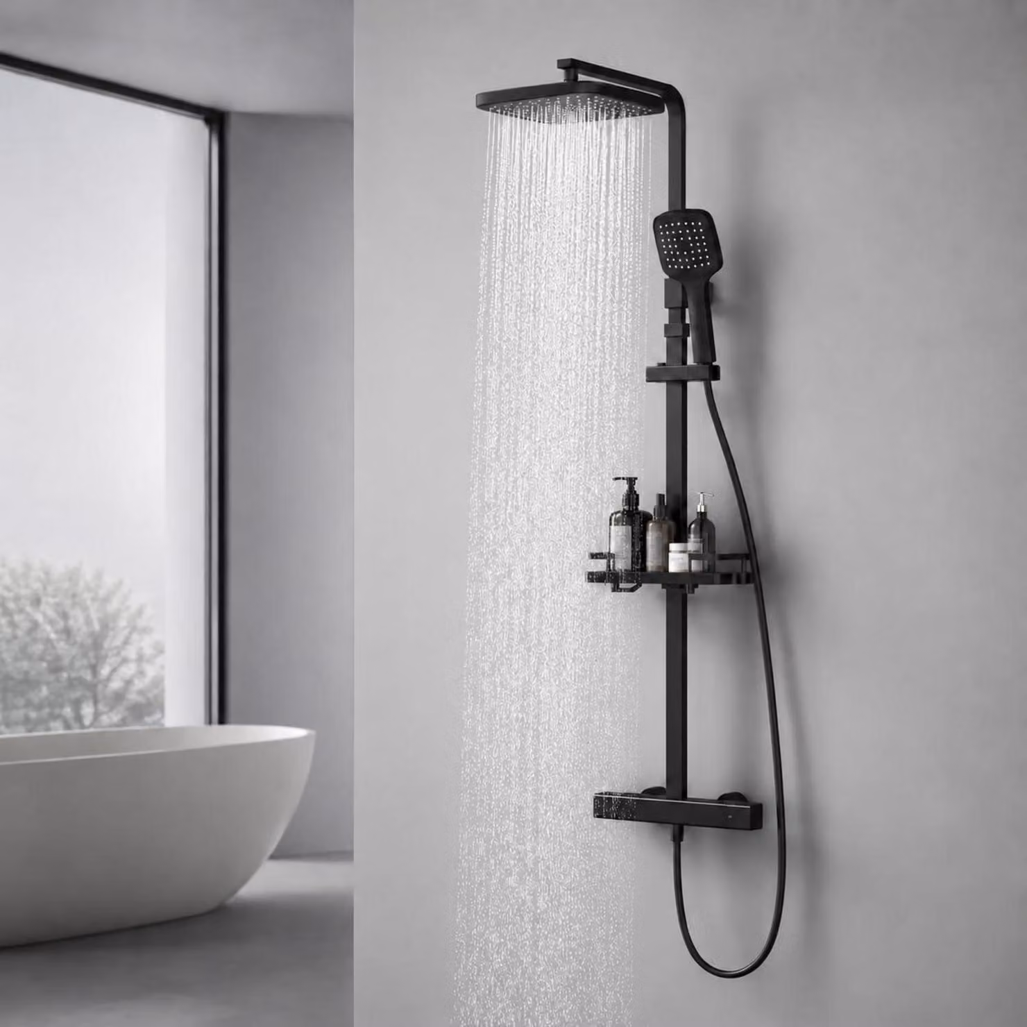 Sistema doccia con termostato, nero, angolare, con ripiano, altezza regolabile da 1010 a 1260 mm. Include doccia a pioggia e soffione manuale. Termostato di sicurezza a 38°C. Installazione senza foratura