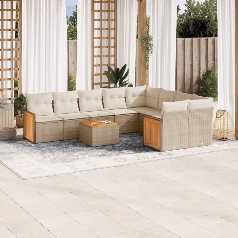 vidaXL Set Divano da Giardino 10 pz a L in Polyrattan con Cuscini Beige e Tavolino