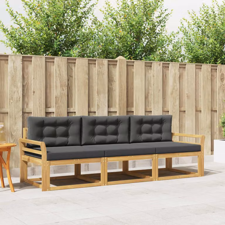 Set di divani da esterno vidaXL 3 pz in legno di acacia con cuscini bianchi e antracite