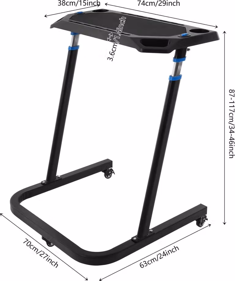 Scrivania fitness - Scrivania in piedi regolabile in altezza - 86–117 cm - Con rotelle - Struttura in metallo - Per la palestra domestica e l'ufficio - Nera
