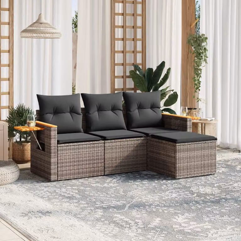 vidaXL Set Divani da Giardino 4 pz in Polyrattan Grigio con Cuscini e Tavolino