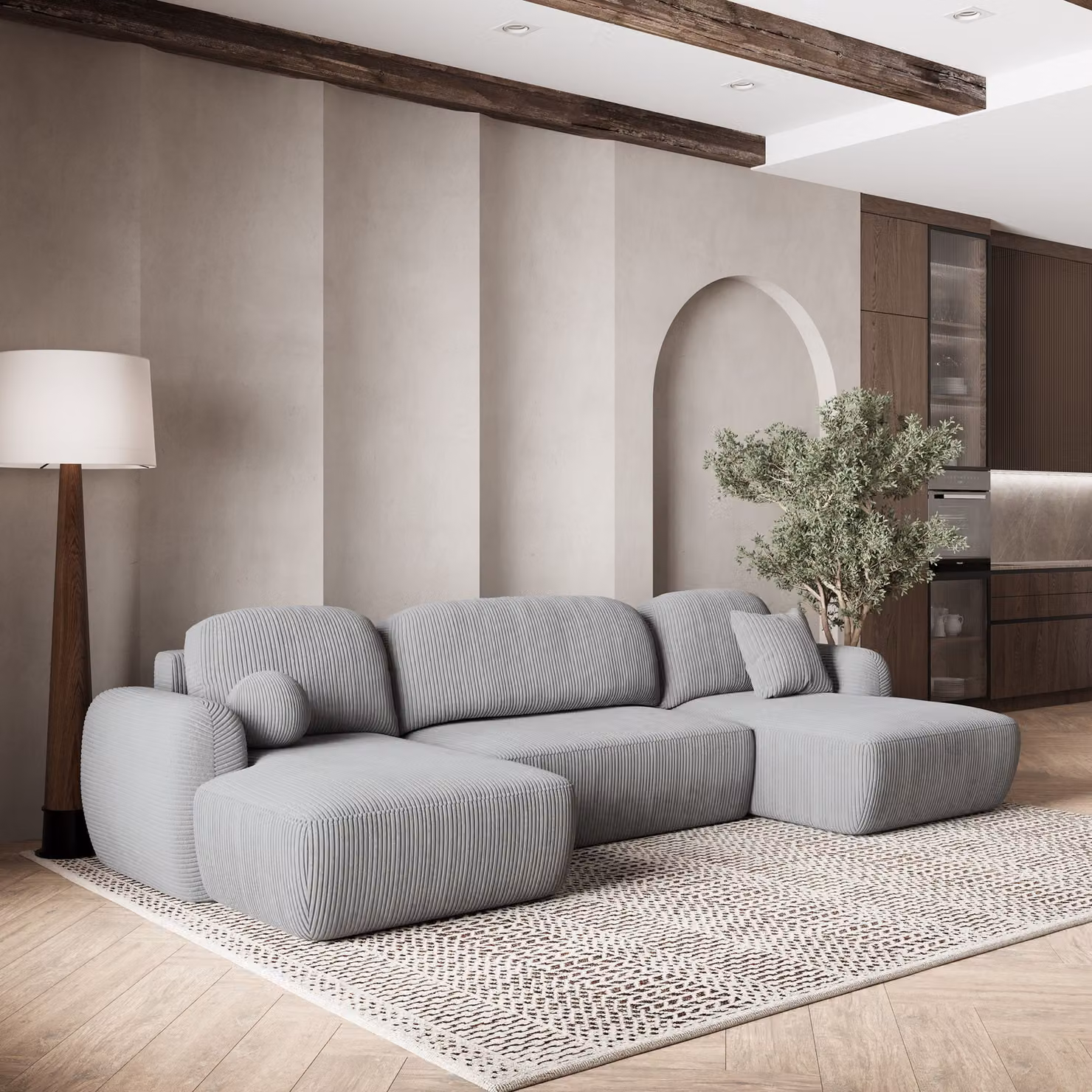 Divano angolare SAVONA P di Masseno con funzione letto a U, divano con box letto, divano da soggiorno, divano, divano letto, set di divani - grigio chiaro, POSO 55
