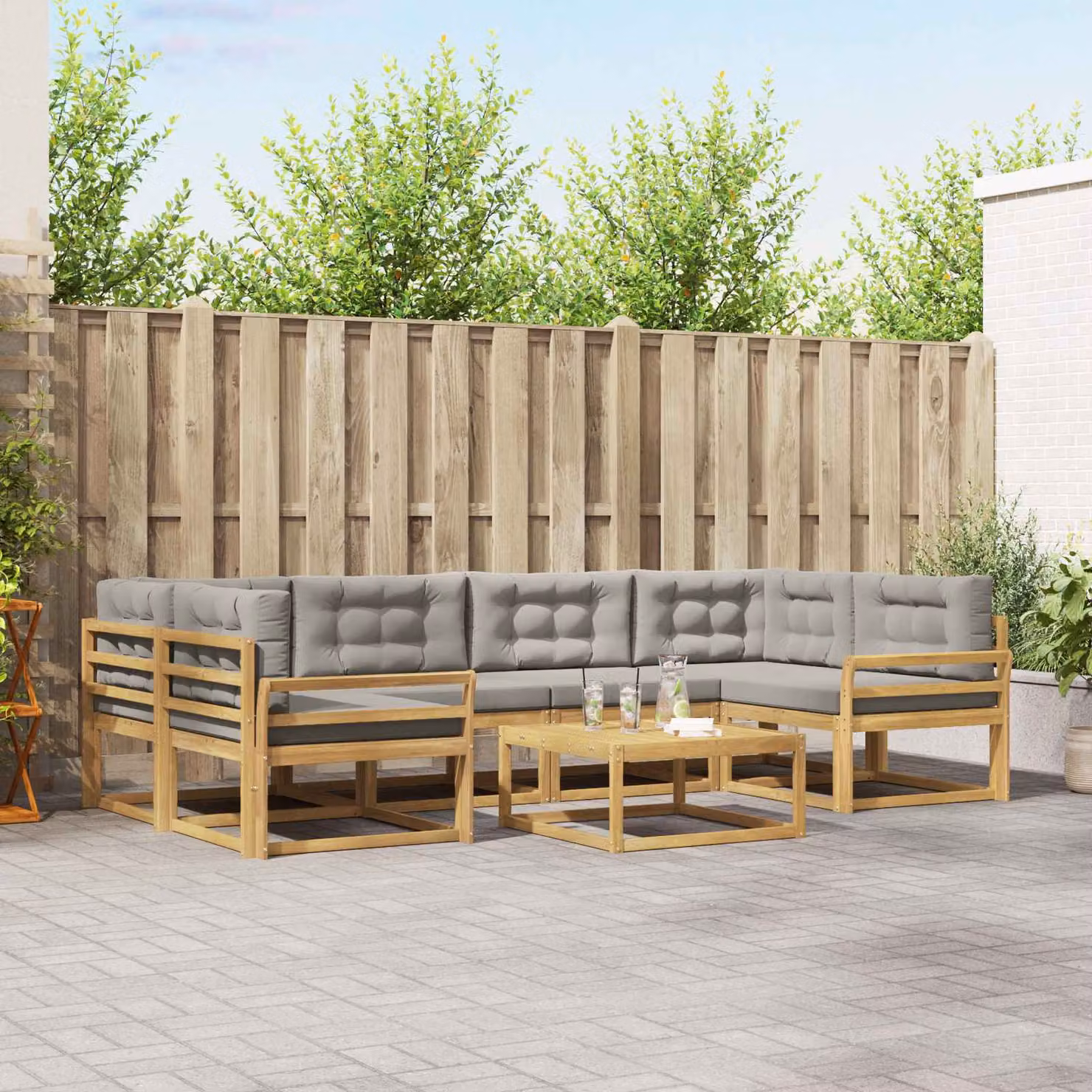 Set di divani da esterno vidaXL a forma di L con tavolo da caffè, in legno di acacia e tessuto, Bianco e Grigio