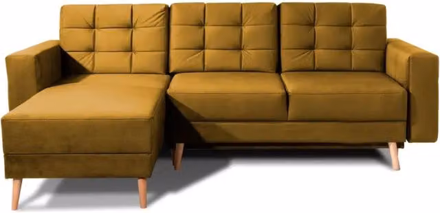 Divano ad angolo convertibile HASGARD giallo con funzione letto e vano contenitore, stile scandinavo, L/P/H: 248 x 162 x 93 cm