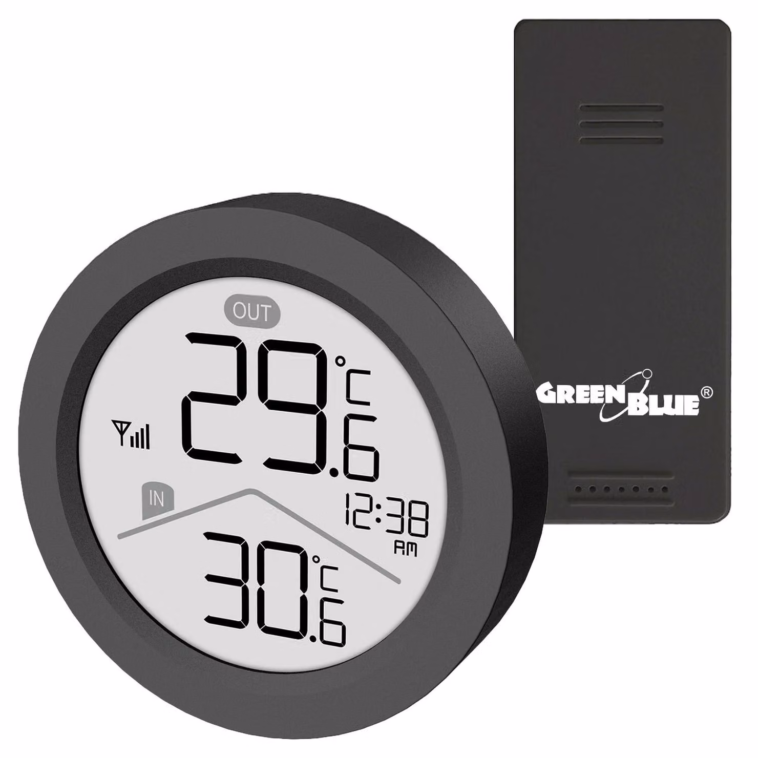 Stazione meteorologica GreenBlue Funk, per interni/esterni, con indicazione di temperatura, orologio e possibilità di visualizzare la temperatura in °C o °F. Portata fino a 60 metri. Colore: nero. Modello: GB162 B