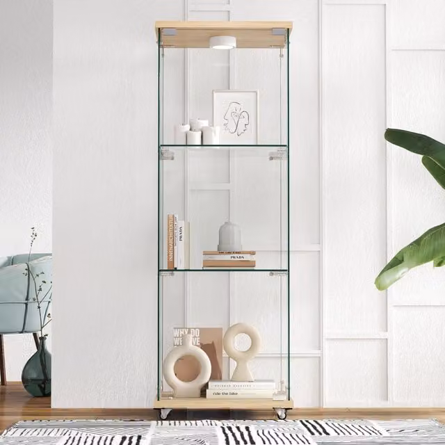 Libreria Vetrina Minimal con LED in Legno e Vetro Temperato, Colore Beige, L/P/H: 42.5 x 36.5 x 120 cm