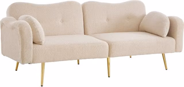 Divano letto a due posti con schienale regolabile e piedi in metallo dorato, apertura a letto 155x85,5 cm, rivestimento in tessuto misto lana