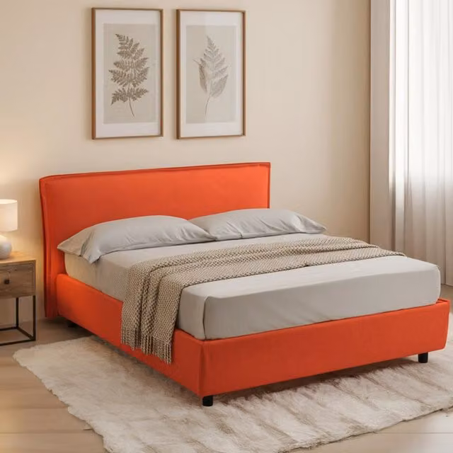Letto alla francese DMORA con materasso incluso, struttura imbottita in tessuto arancione con contenitore a sollevamento, L/P/H: 120 x 200 x 105 cm