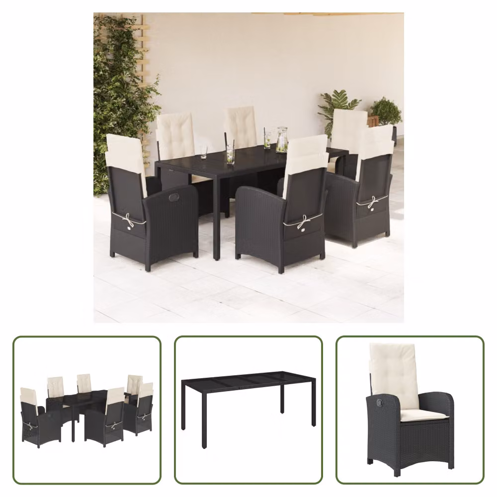 The Living Store Set da pranzo da giardino 7 pezzi con cuscini in polirattan nero