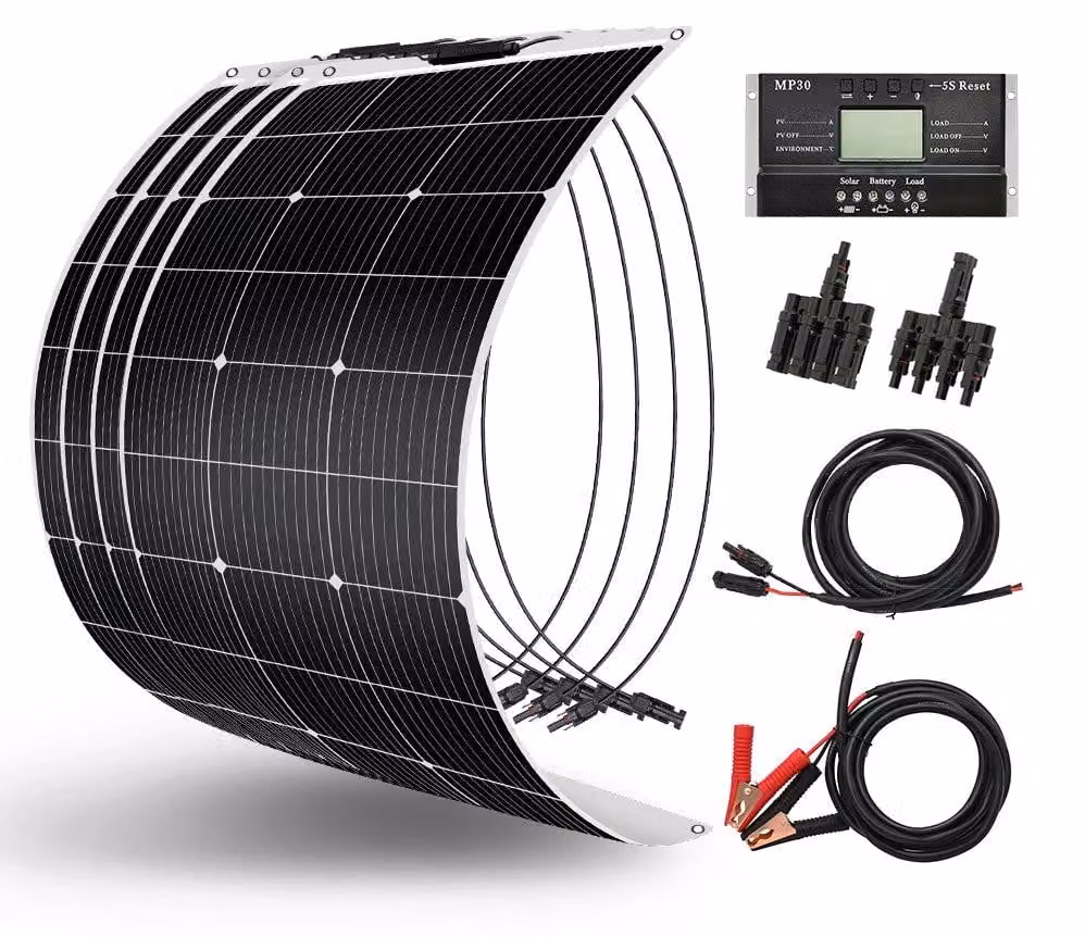 Set di pannelli solari flessibili mon cristallini da 18V e 400W, ideali per camper, barche e per la ricarica di batterie da 12V